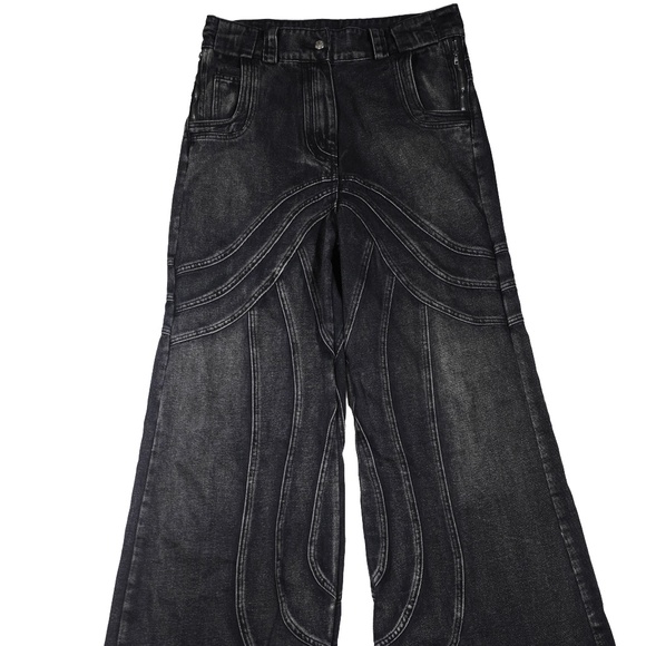 No Faith Studios Heavy Black Wave Wavy Denim Jeans. Bootcut